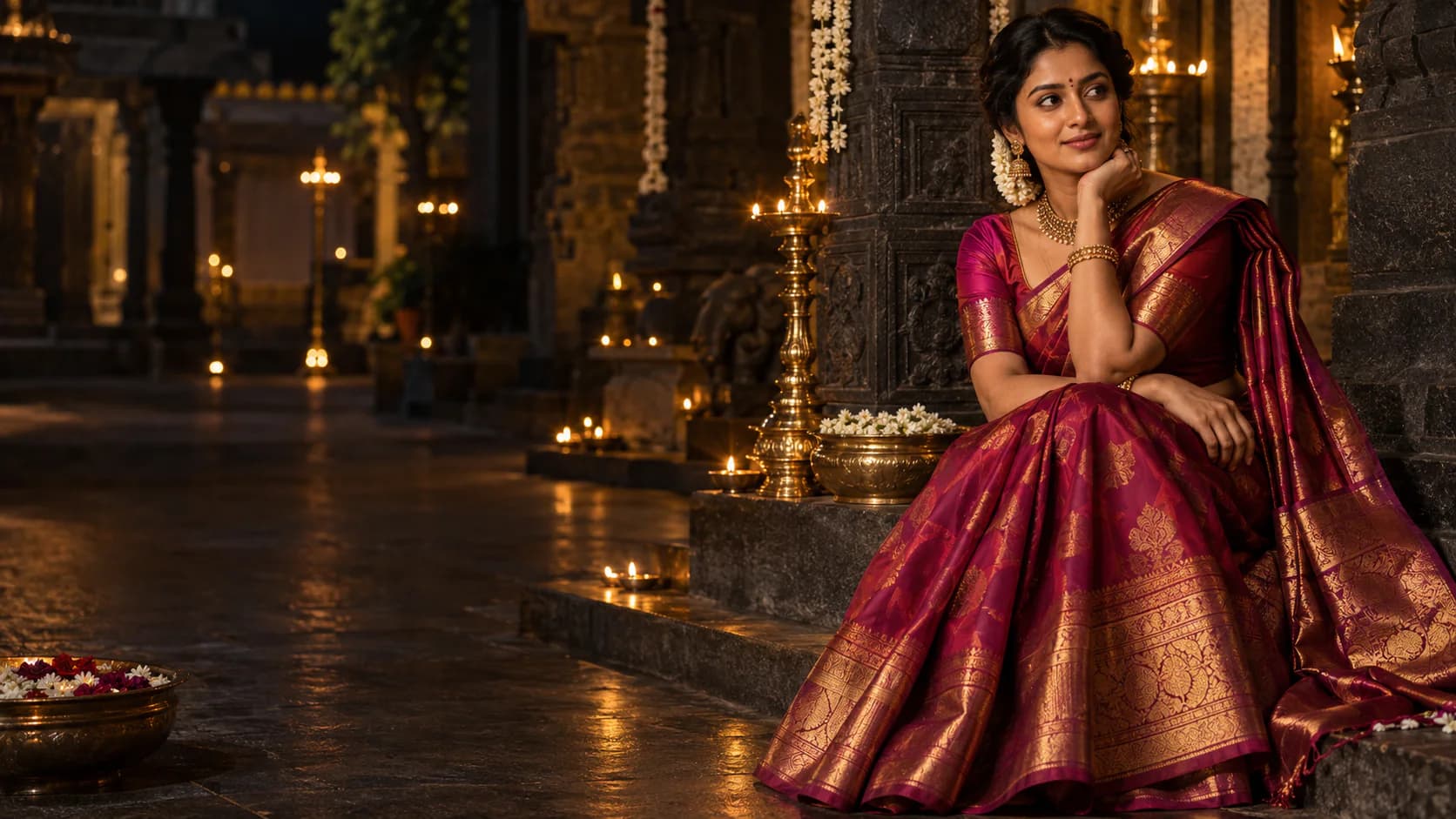 Indian woman wearing a traditional silk saree in a festive courtyard
