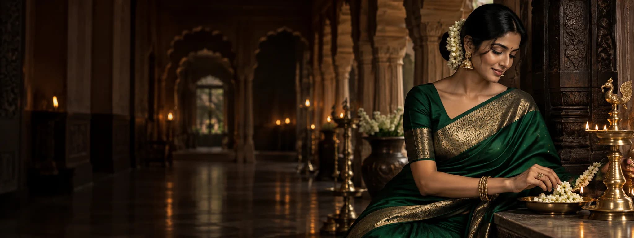 Traditional saree in a festive Indian courtyard